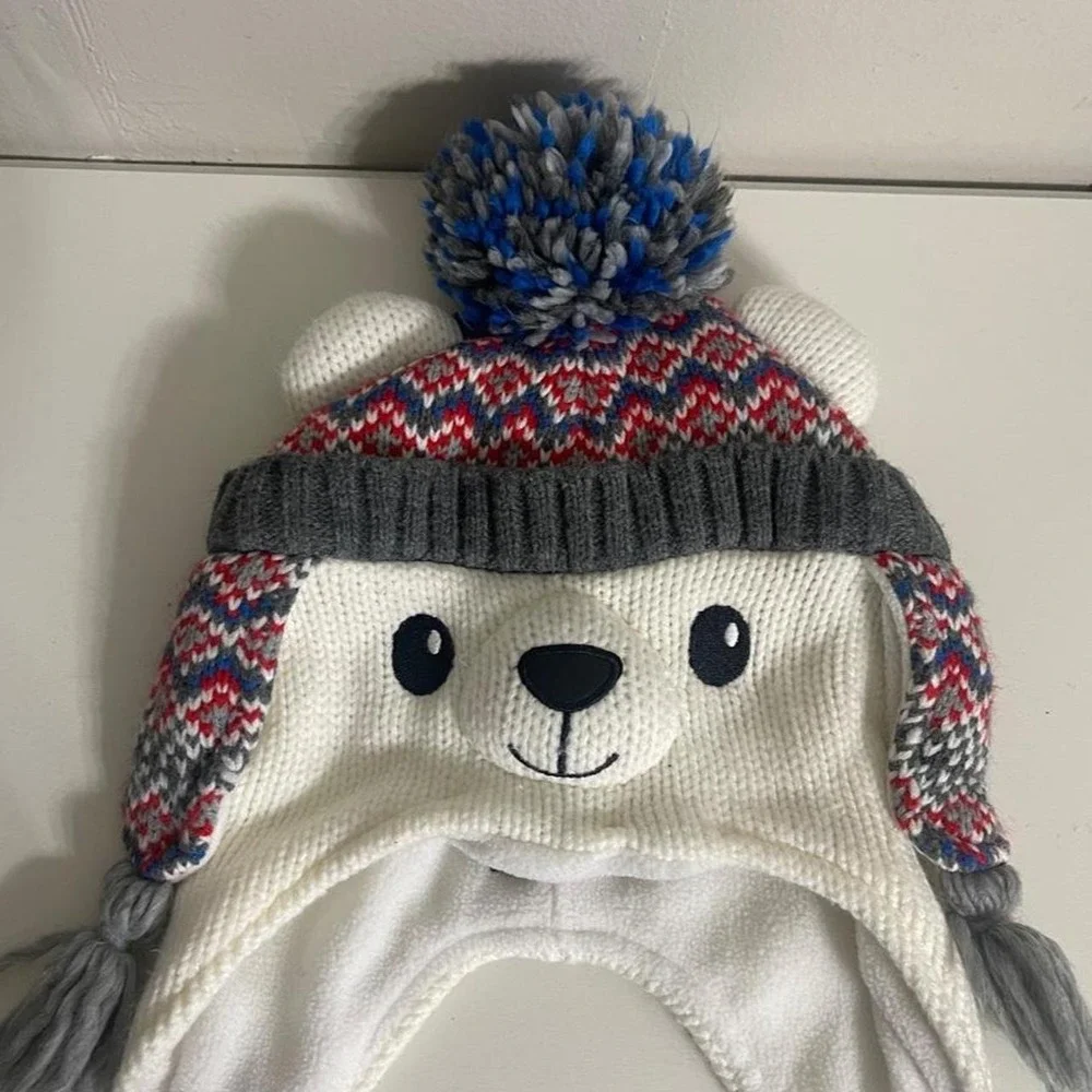 Children's Place Kids White polar bear earflap multi color knit pattern pom pom